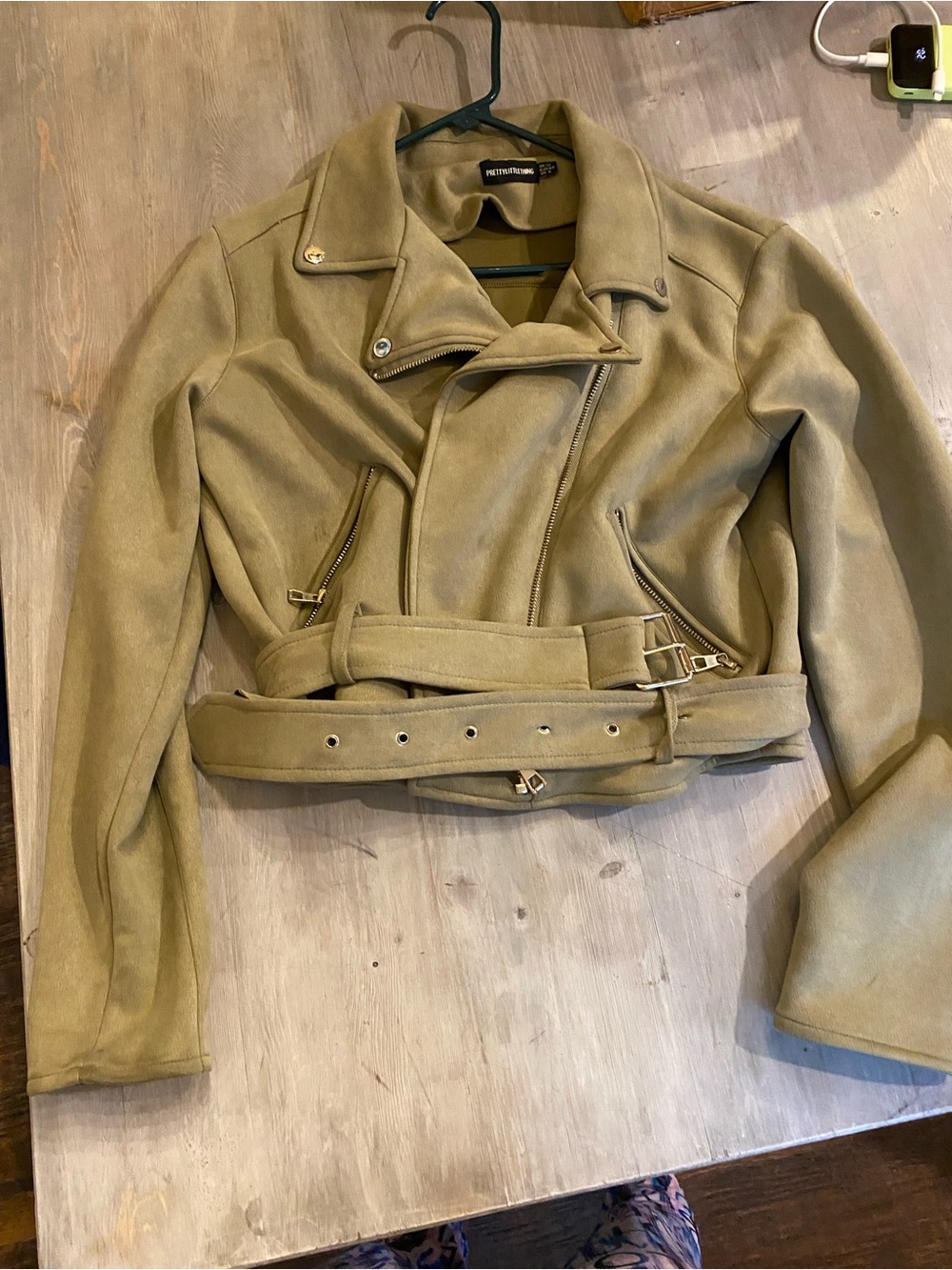 Pretty little thing olive Green Suede Moto Jacket with Belt